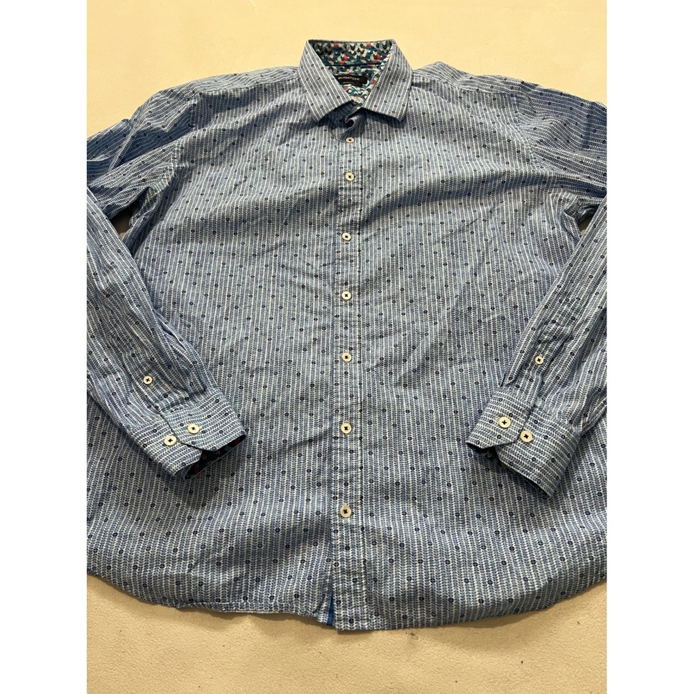 BUGATCHI Men's Shaped Fit Blue Striped Micro Dot Dress Shirt Long Sleeve Cotton - Picture 4 of 12